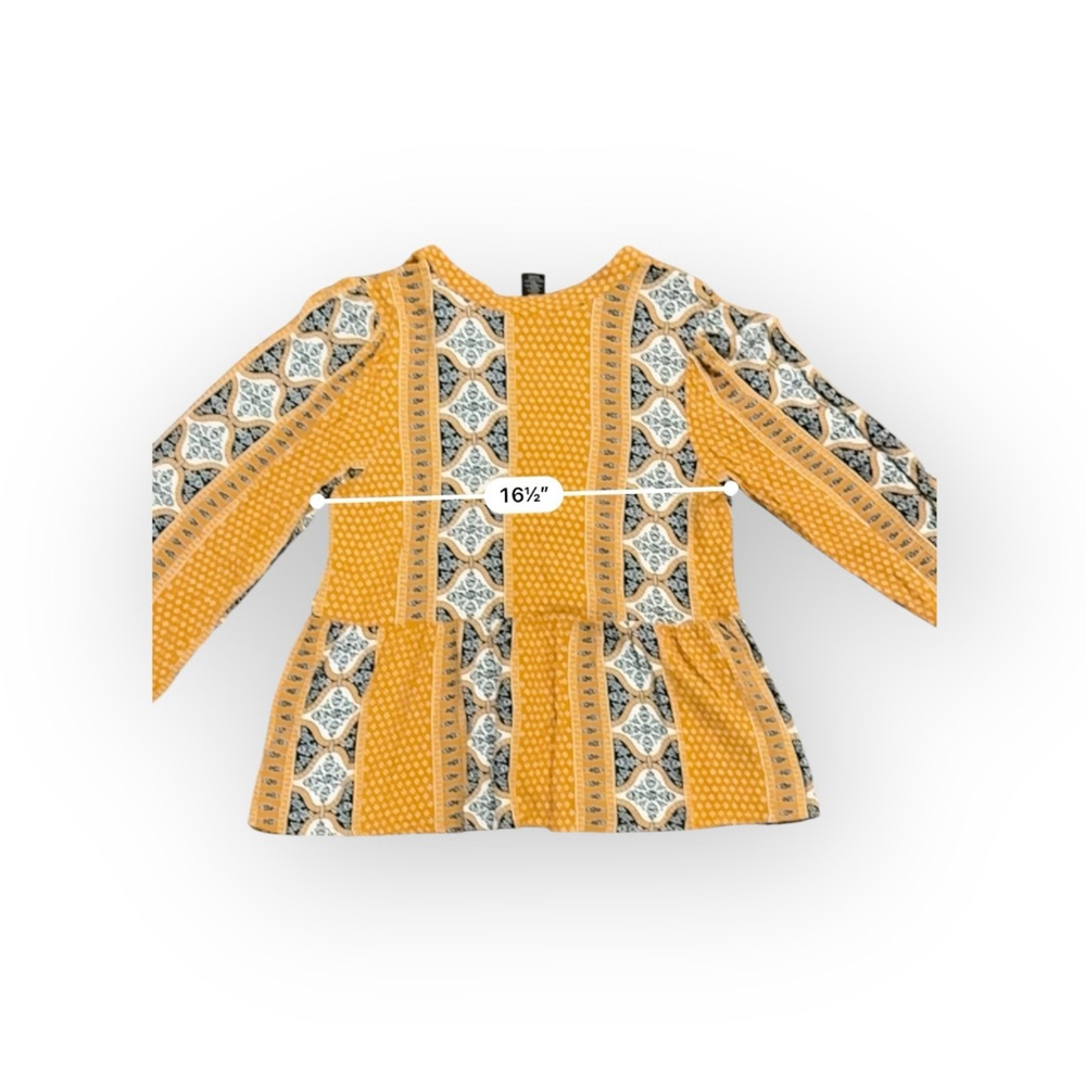 WRANGLER RETRO WOMEN'S SPLIT NECK PEPLUM PRINT MUSTARD PEASANT TOP Sz Small - Picture 7 of 7
